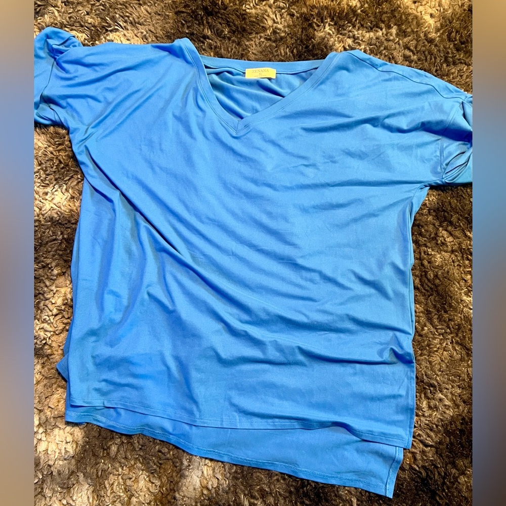 ZENANA SHORT- SLEEVED BRUSHED MICROFIBER TOP V-NECK BLUE T-SHIRT SIZE XL